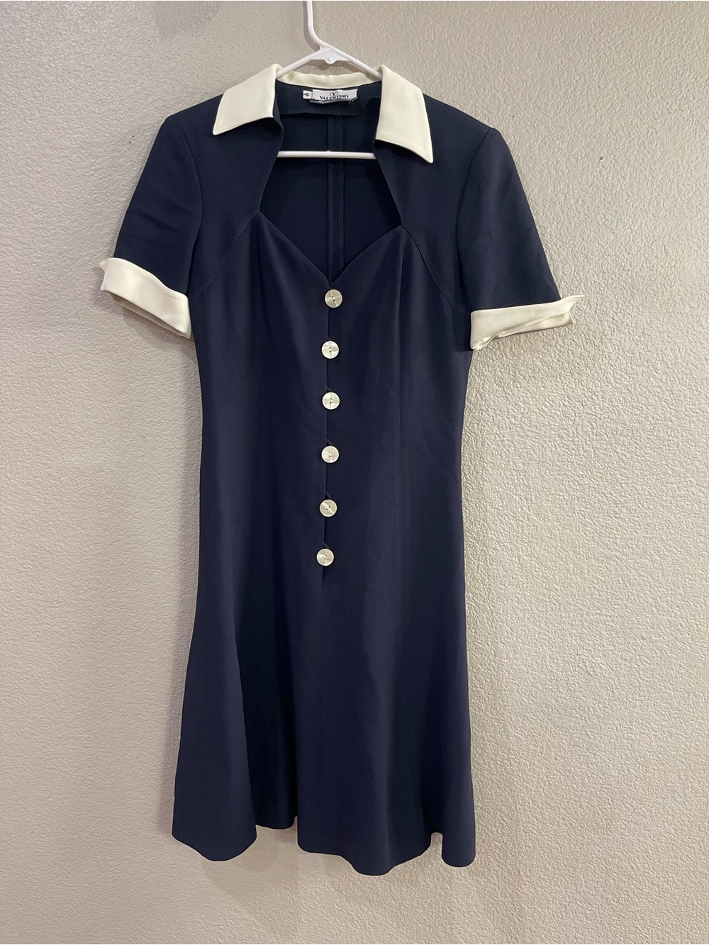 Vintage Valentino Navy Dress Cream Collar Italian Designer Midi Dress